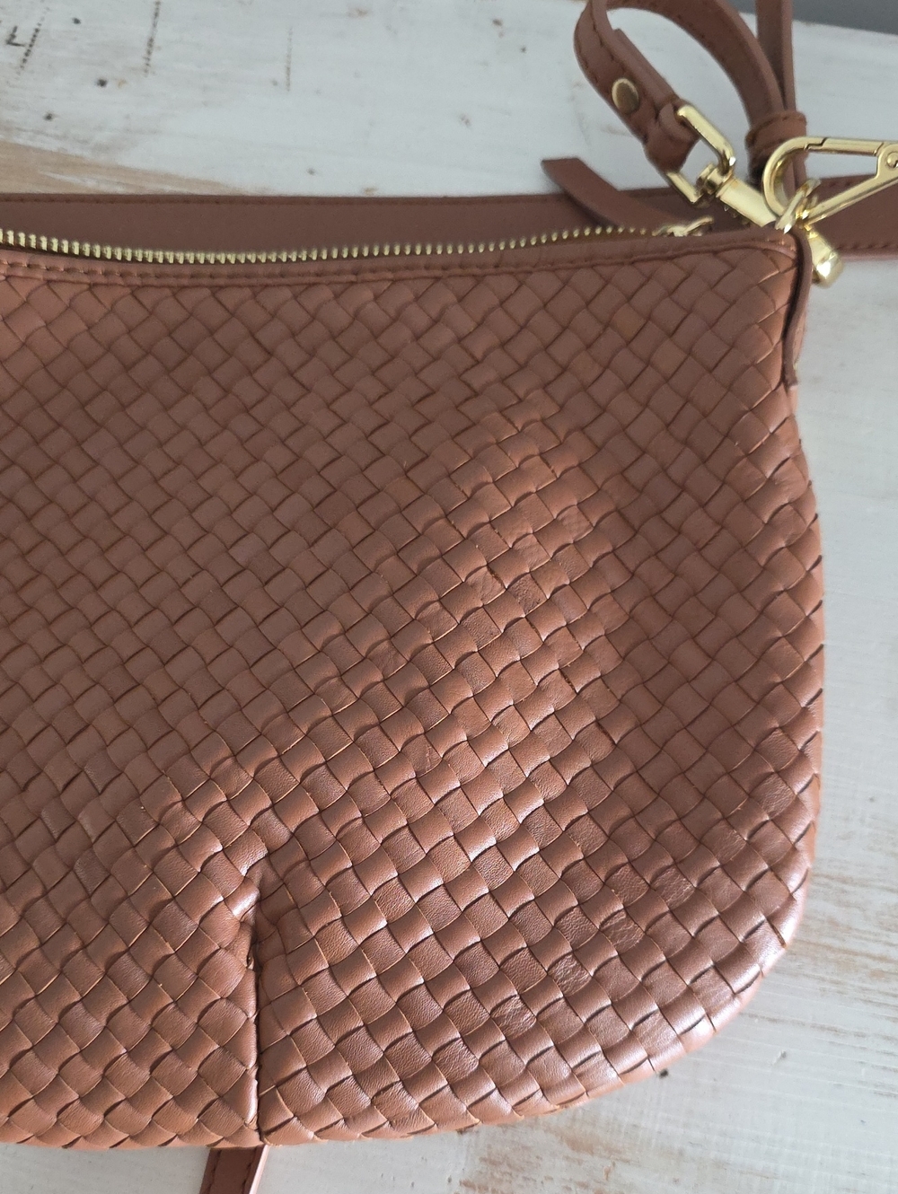 Quince Italian Handwoven Leather Mini Shoulder Bag In Cognac - Picture 7 of 16